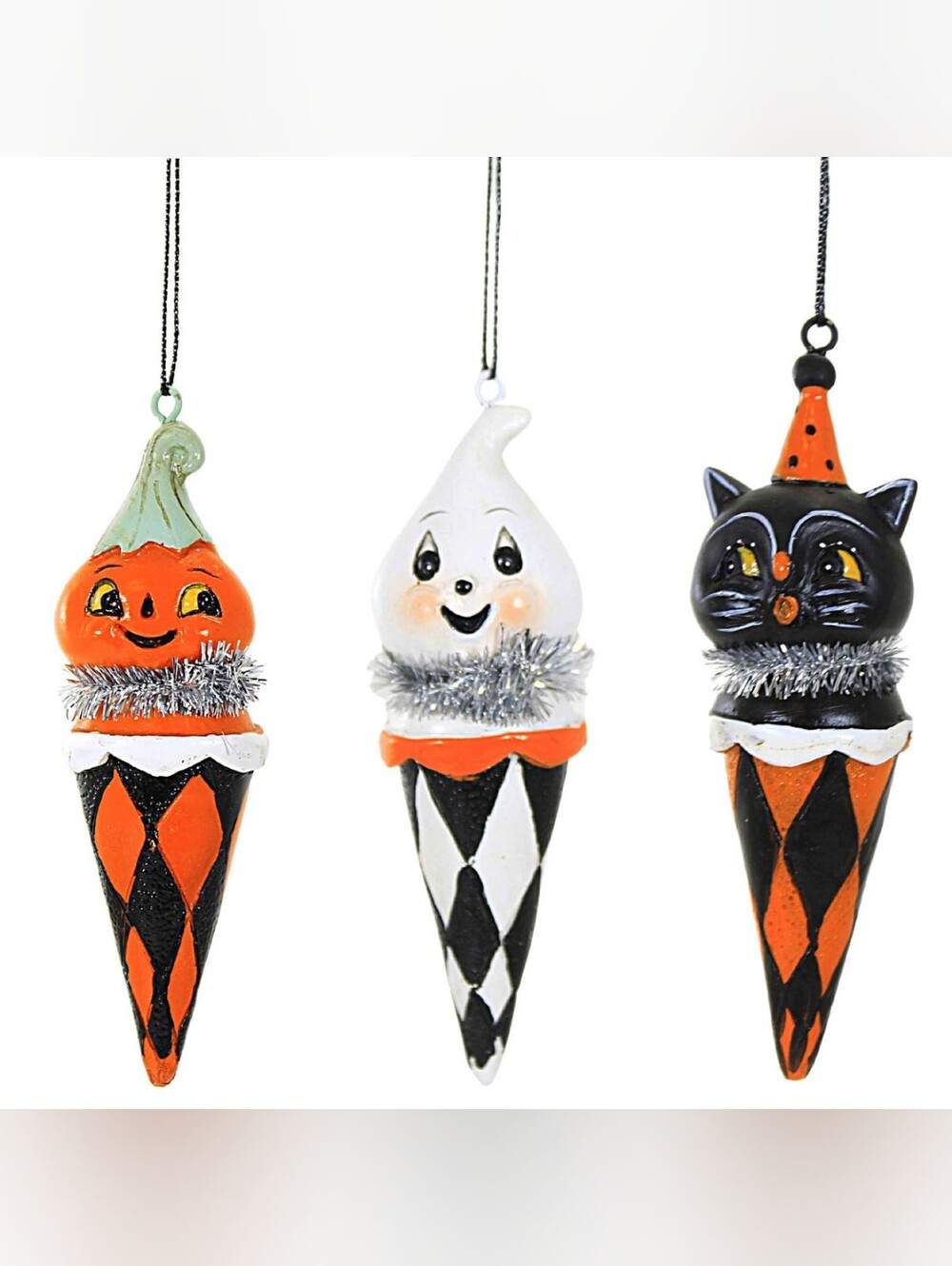 Johanna Parker set of 3 Checkered Cone Ornaments  Pumpkin, Ghost and Cat NWT